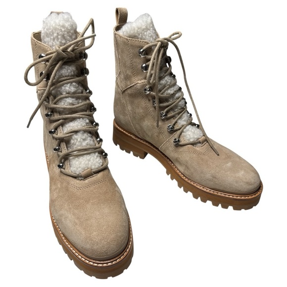 Marc Fisher Izzie Suede Lace-Up Lugsole Shearling Ankle Boots Size 10 Oasis Tan - Picture 1 of 10